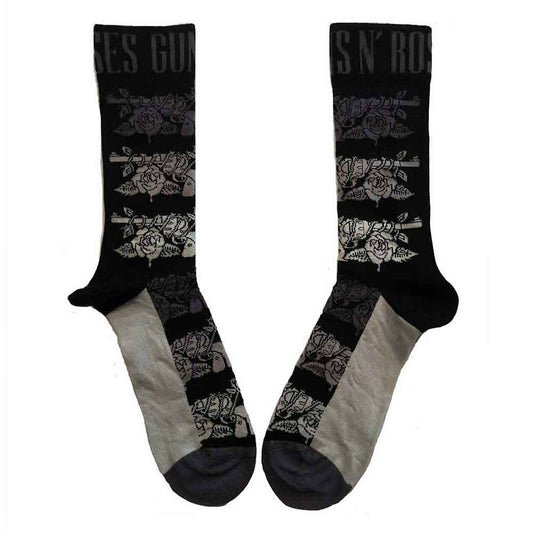 Pair of black Guns N' Roses ankle socks with grey pistol pattern.