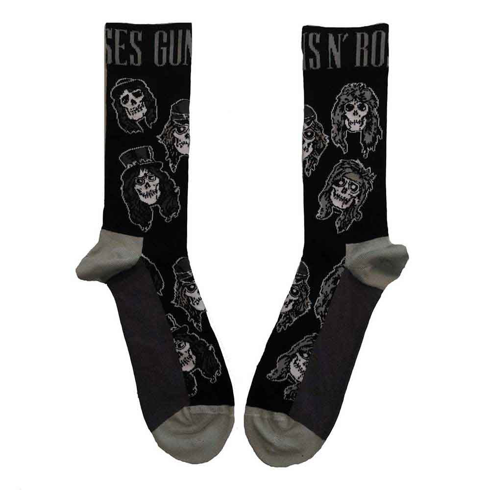 Black and grey Guns N' Roses ankle socks with skull designs.