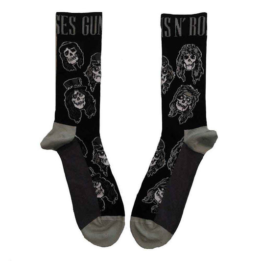 Black and grey Guns N' Roses ankle socks with skull designs.