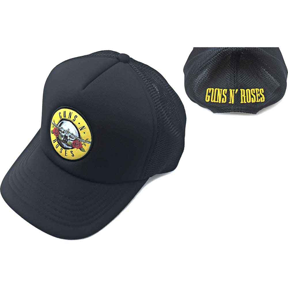 Black baseball cap with a Guns N' Roses circle logo and a mesh back.