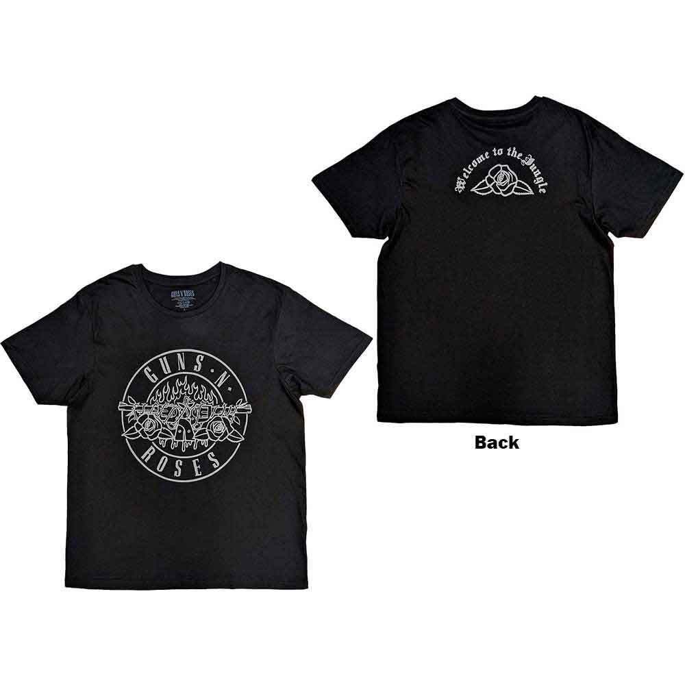 Black Guns N' Roses t-shirt with rose and skull designs, front and back.