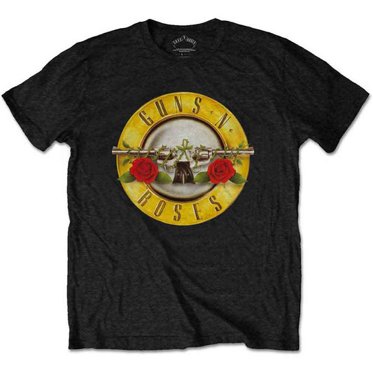 Black t-shirt with yellow and red Guns N' Roses logo graphic.
