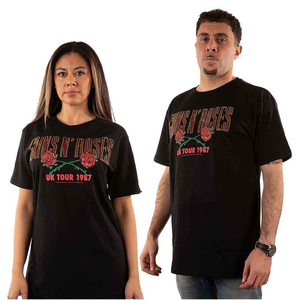 Black Guns N' Roses tour t-shirt modeled by a man and woman.
