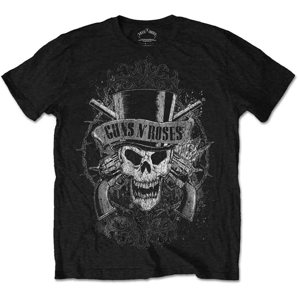Black t-shirt with faded Guns N Roses skull and top hat graphic.