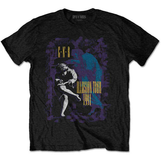 Black unisex t-shirt featuring the Guns N' Roses Illusion Tour 1991 graphic logo.