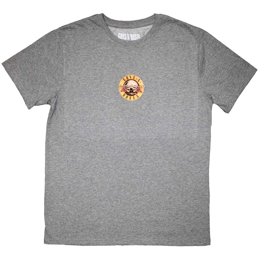 Black t-shirt with small, circular Guns N' Roses logo on the chest.