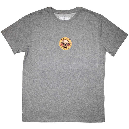 Black t-shirt with small, circular Guns N' Roses logo on the chest.
