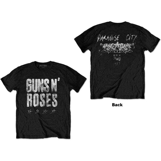 Black unisex t-shirt featuring Guns N' Roses logo and Paradise City star graphic print.