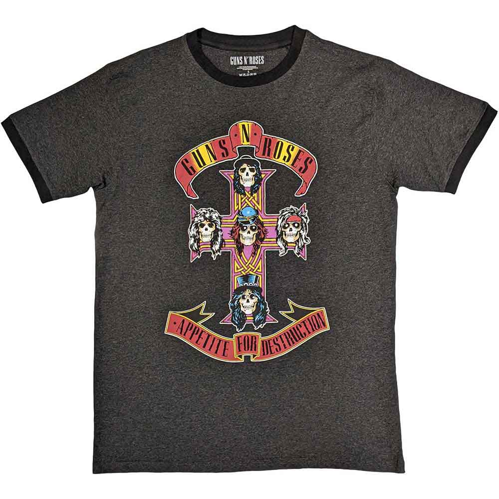 Black and white ringer t-shirt featuring the Guns N' Roses Appetite for Destruction cross logo.