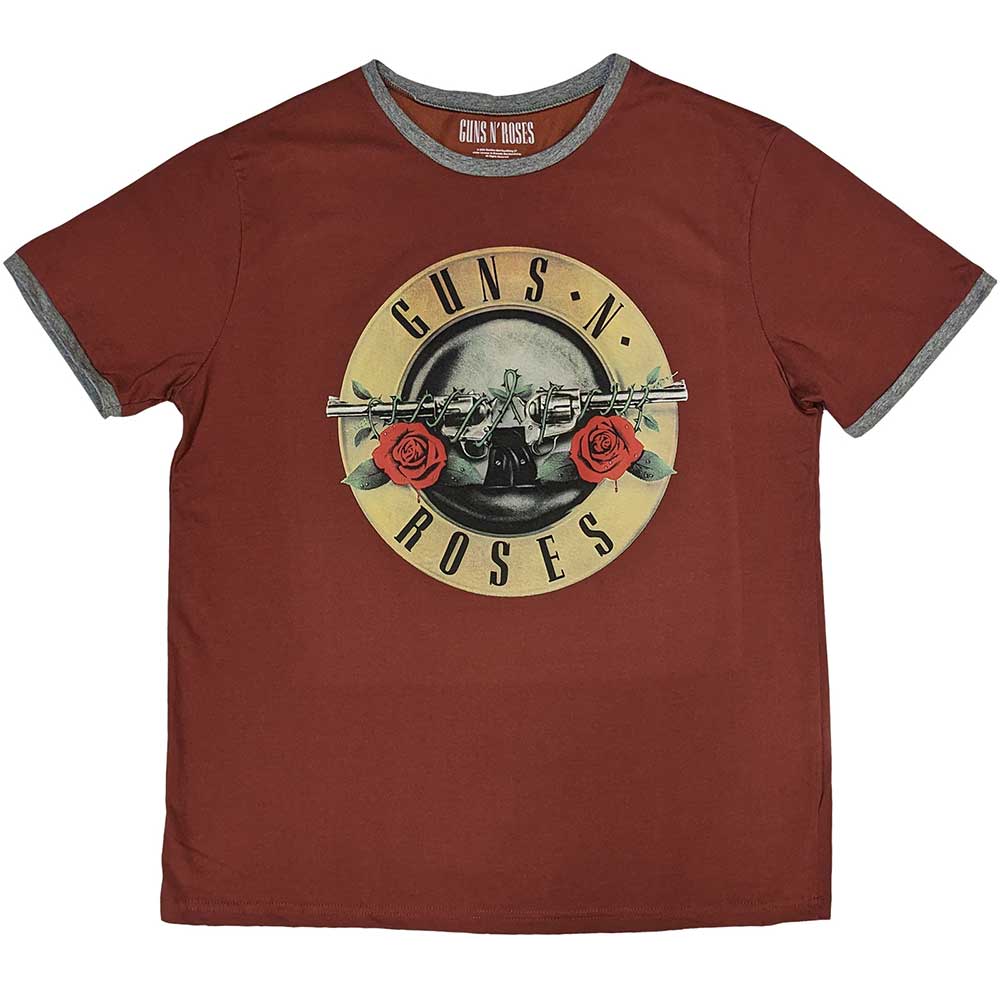 Black t-shirt with white Guns N' Roses classic logo and red/white ringer collar.