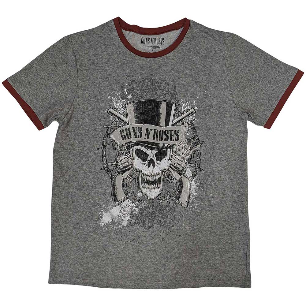 Unisex white ringer t-shirt with black trim featuring a faded Guns N' Roses skull graphic.