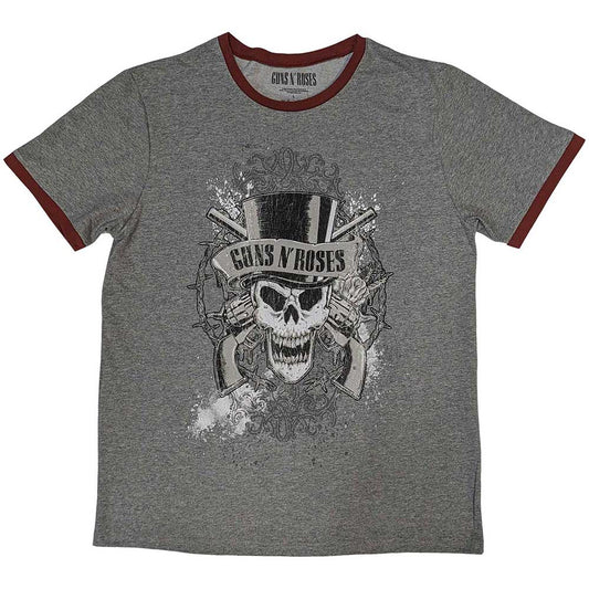 Unisex white ringer t-shirt with black trim featuring a faded Guns N' Roses skull graphic.