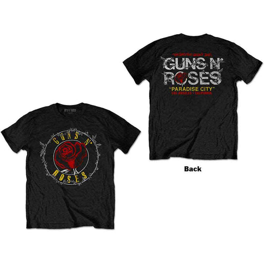 Black unisex t-shirt featuring a Guns N' Roses Rose Circle graphic on the back.