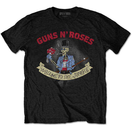 Guns N' Roses skeleton graphic on a vintage-style, unisex black t-shirt.