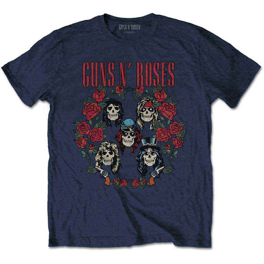 Black unisex t-shirt featuring a Guns N' Roses logo surrounded by a skull wreath.