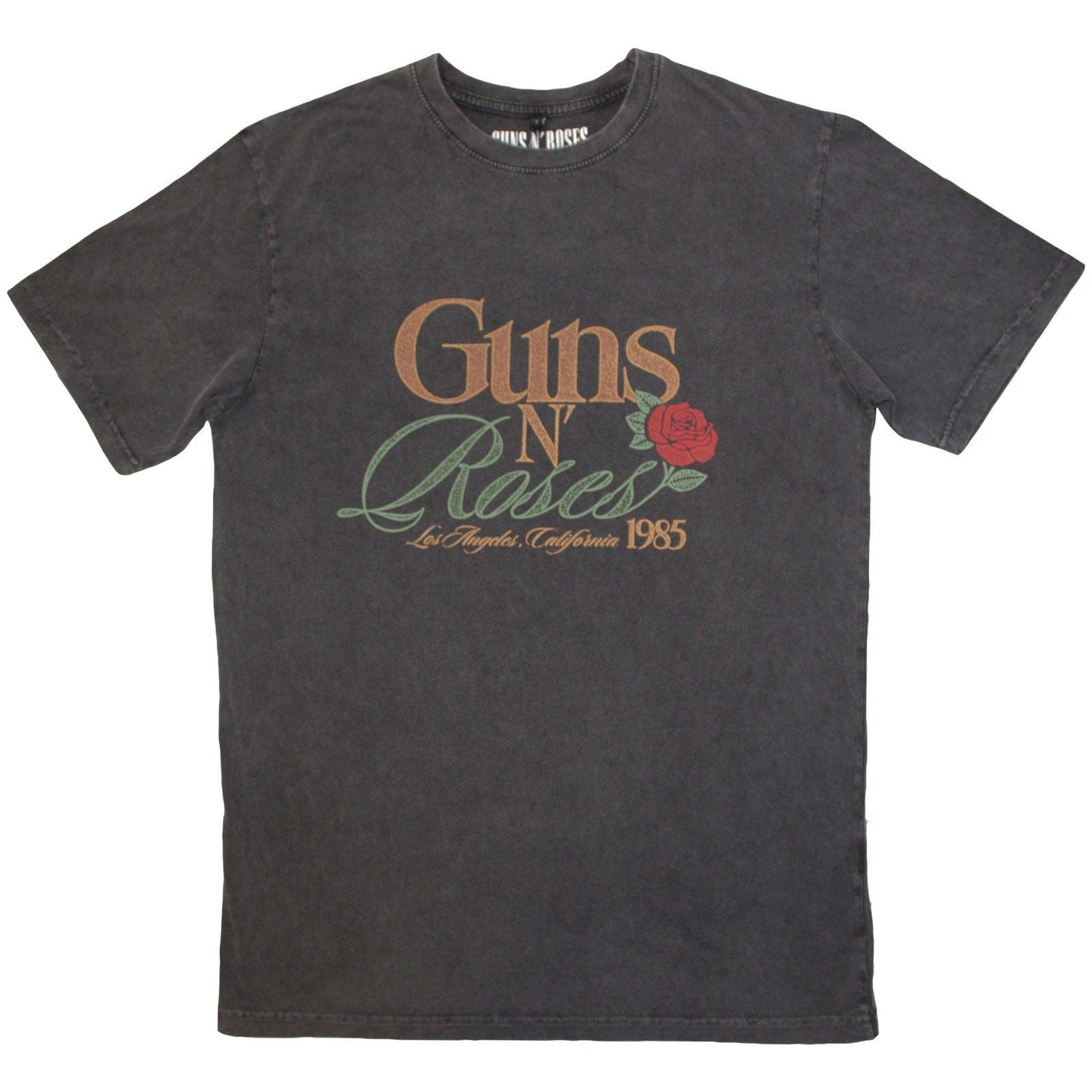 Washed medium gray t-shirt with Guns N' Roses "California 1985" graphic.