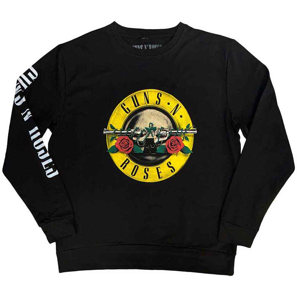 Gray unisex sweatshirt with Guns N' Roses logo printed on sleeve.