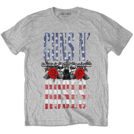Black unisex t-shirt featuring the Guns N' Roses logo filled with a US flag pattern.