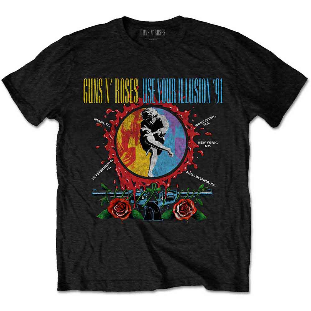 Guns N' Roses t-shirt, black, with colorful splattered "Use Your Illusion" logo.