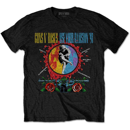 Guns N' Roses t-shirt, black, with colorful splattered "Use Your Illusion" logo.