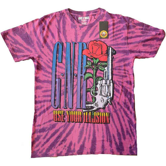 Dip-dye t-shirt with a Guns N' Roses UYI pistol graphic, size large.