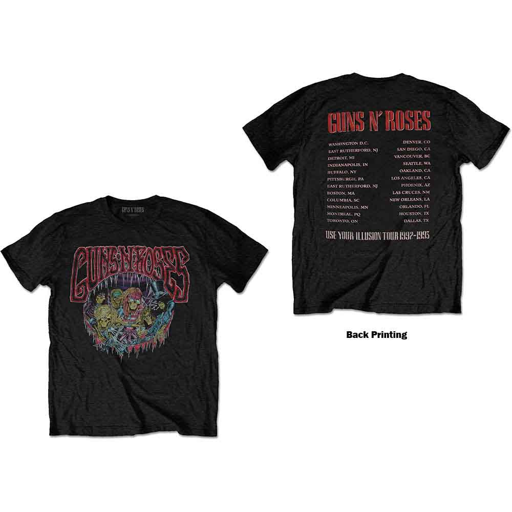 Black Guns N' Roses t-shirt with red and blue skull graphic.
