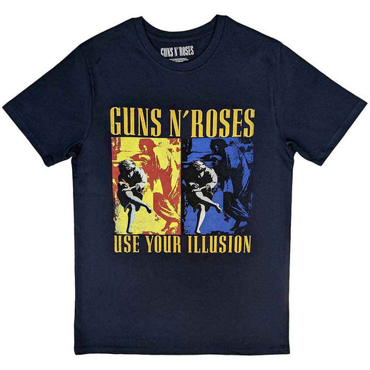 Navy blue T-shirt featuring the Guns N' Roses Use Your Illusion album cover graphic.