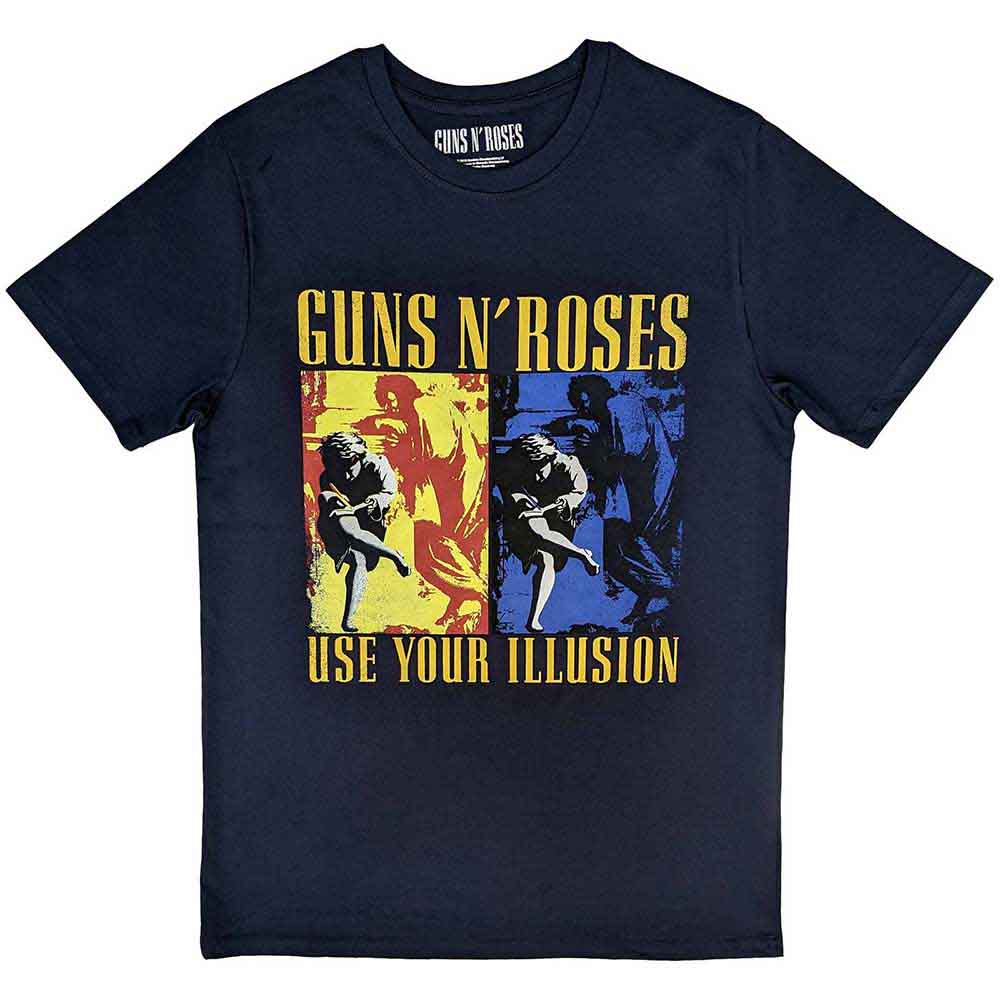 Navy blue T-shirt featuring the Guns N' Roses Use Your Illusion album cover graphic.