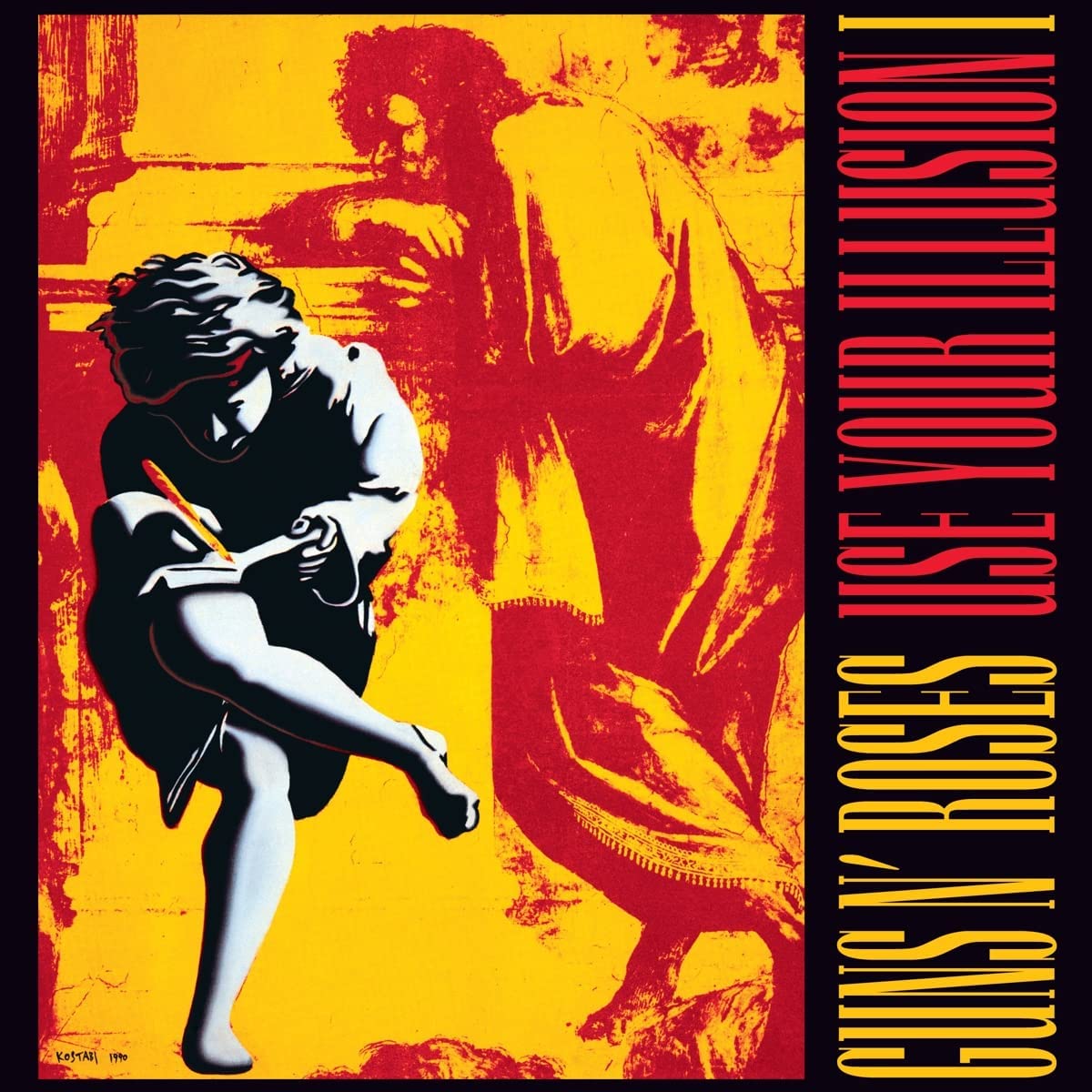"Guns N' Roses vinyl record album with yellow and red cover, two black vinyl discs."