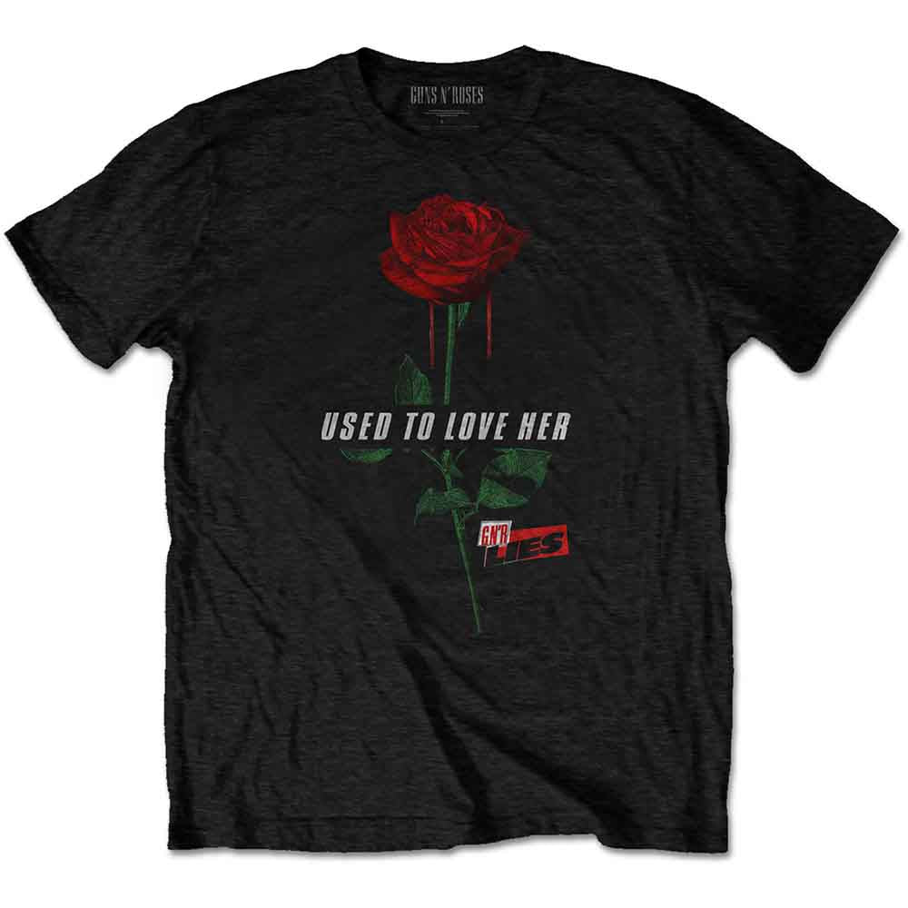 Black Guns N' Roses t-shirt with a red rose and text design.