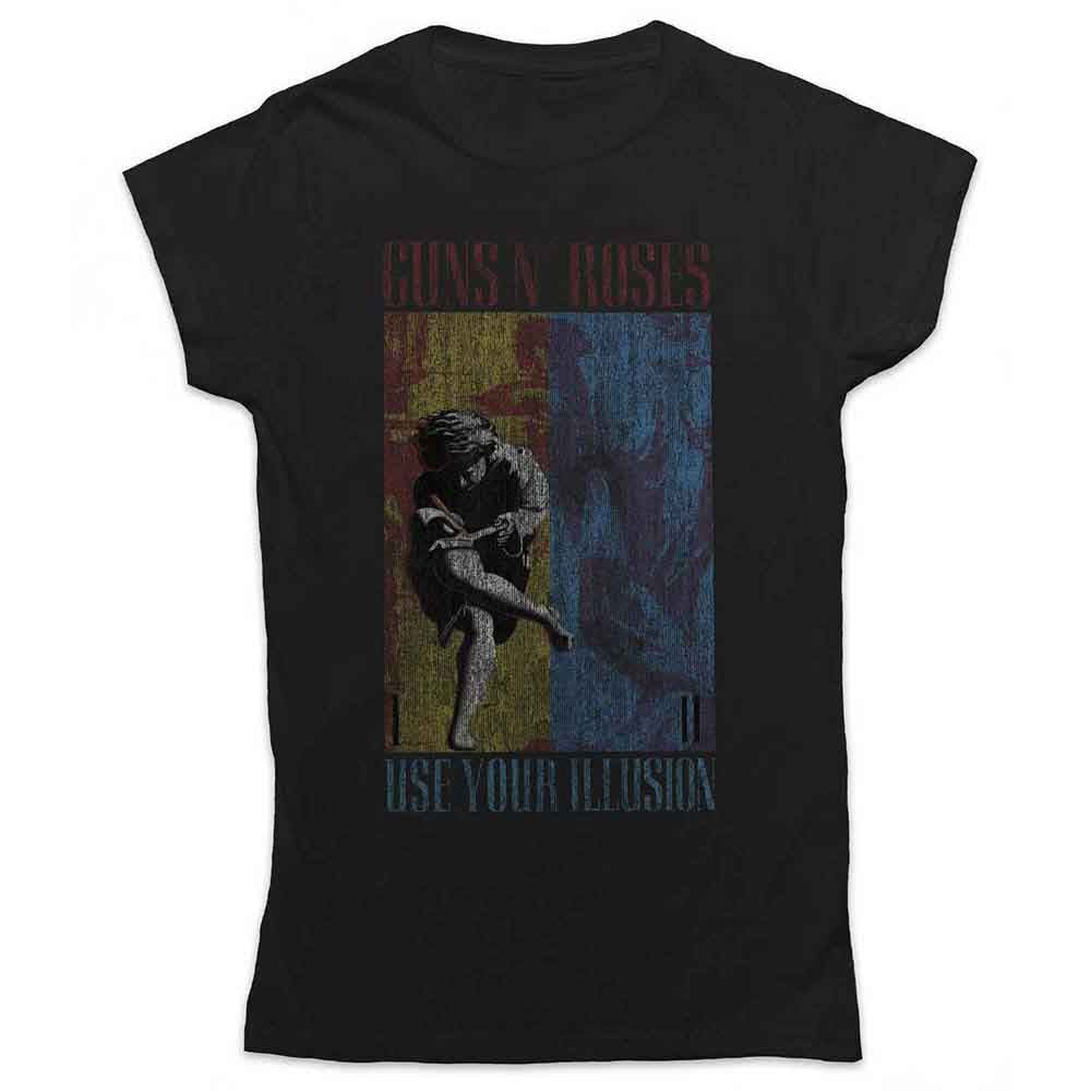 Black women’s t-shirt with Guns N Roses “Use Your Illusion” graphic.