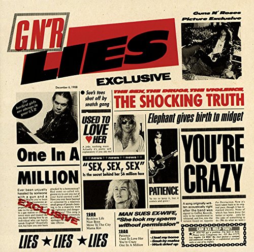 Newspaper clipping collage with Guns N' Roses album title GN'R Lies at top.