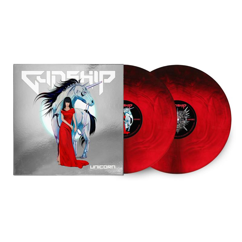 Gunship Unicorn vinyl record cover featuring a woman in red with a unicorn beside.