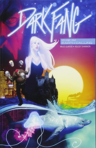 Book cover: woman, shark, castle, city, and glowing eye in dark hues.