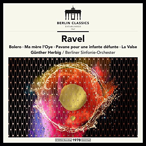 Vinyl album cover for Ravel’s symphonic works, featuring abstract gold and red imagery.