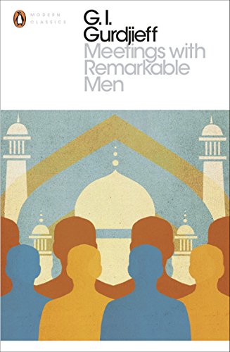 Book cover for Meetings with Remarkable Men by G.I. Gurdjieff featuring stylized figures and architecture.