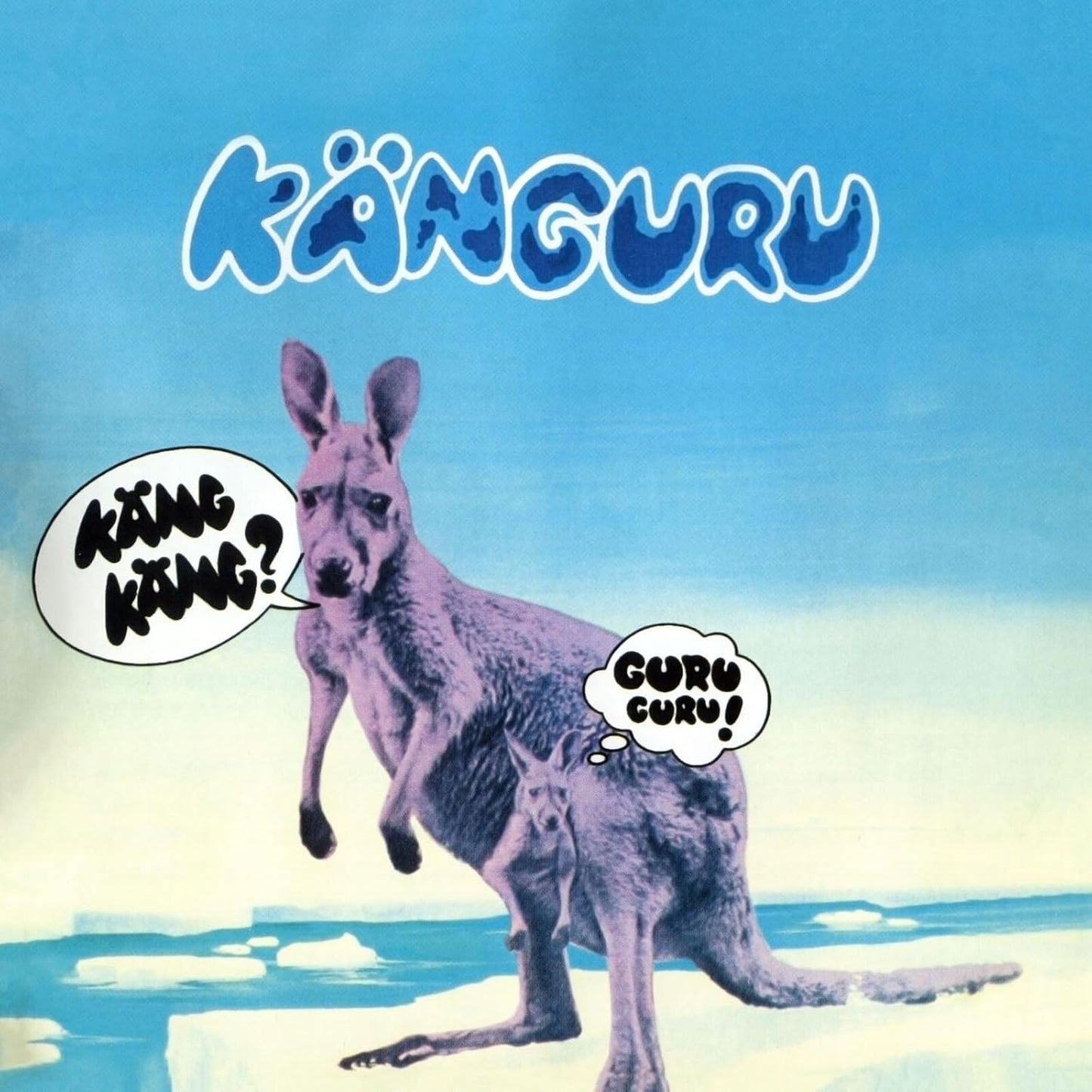 CD cover: kangaroo with speech bubbles on a blue, icy background.