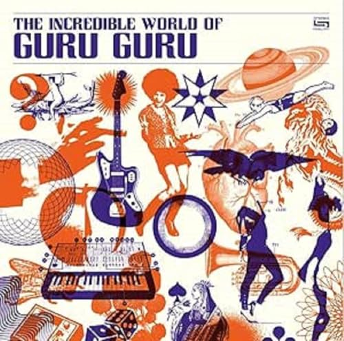 Album cover with orange and purple illustrations of a guitar, person, and planet.
