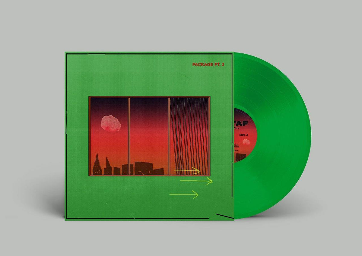 Green album cover with a red and brown cityscape and yellow arrows.