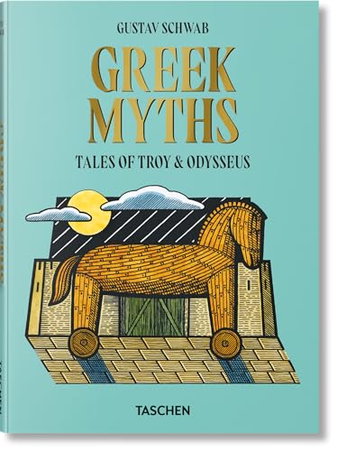 Book cover for "Greek Myths" featuring a wooden Trojan horse illustration.