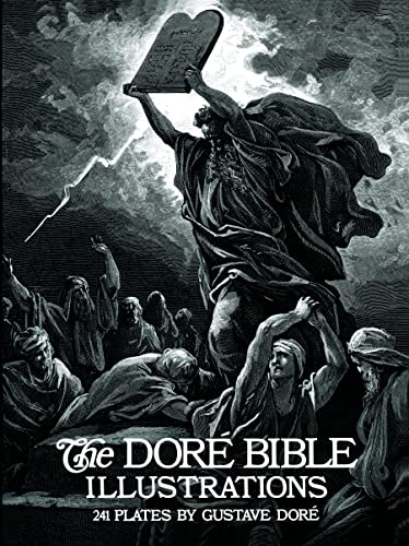 Black and white engraving of Moses holding stone tablets above a crowd of people.