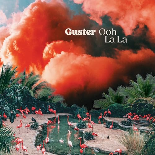 Album cover showing many flamingos in a pond beneath a dramatic orange cloudy sky.