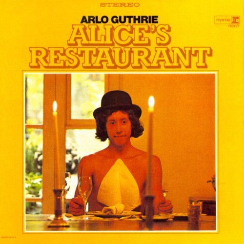 Arlo Guthrie’s “Alice’s Restaurant” album cover with a man and candles.