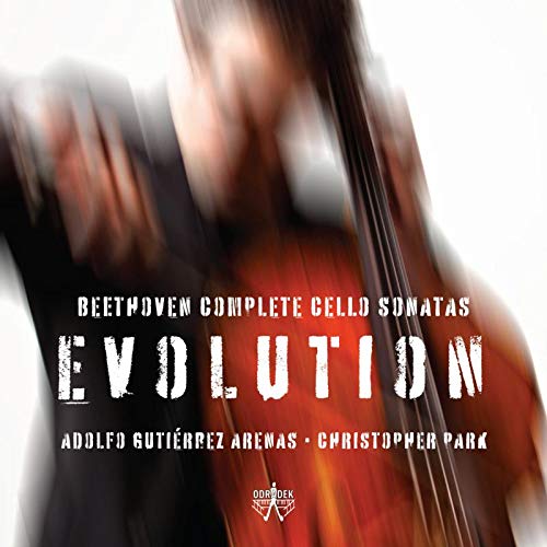 Cello album cover with blurred musician and white text on a white background.