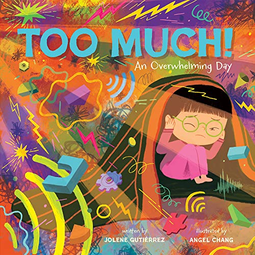 A girl with glasses hides under a blanket amidst a chaotic, colorful, abstract background.