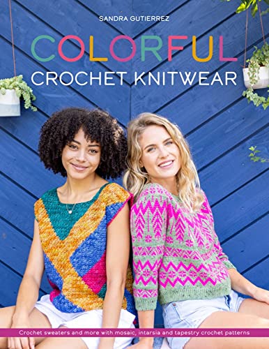 Book cover featuring two women modeling colorful crocheted sweaters.