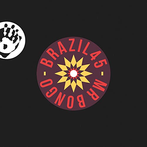 Black vinyl record label with yellow starburst and hand graphic.