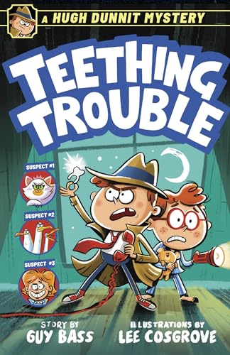 Book cover: cartoon detective and friend investigating with flashlights.
