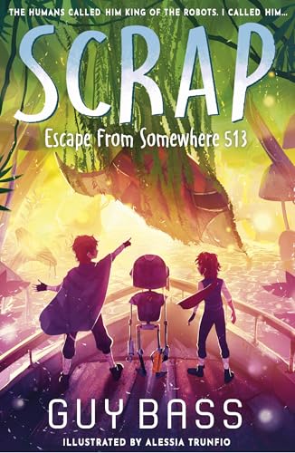 Two children and a small robot stand on a boat in a jungle setting.