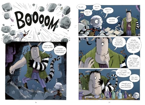 A graphic novel page showing a small robot meeting a large, one-eyed monster character.